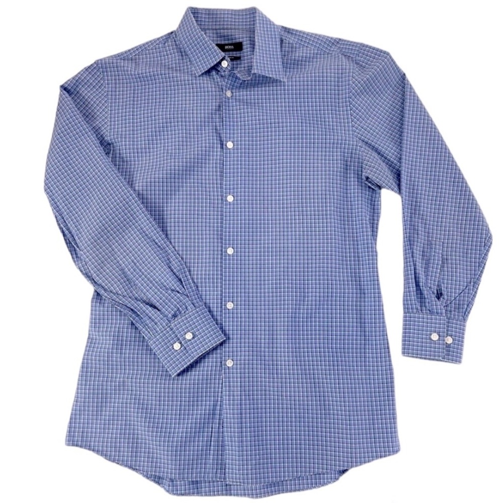 Hugo Boss Sharp Fit Dress Shirt Blue Plaid Size 16 Regular 100% Cotton EUC